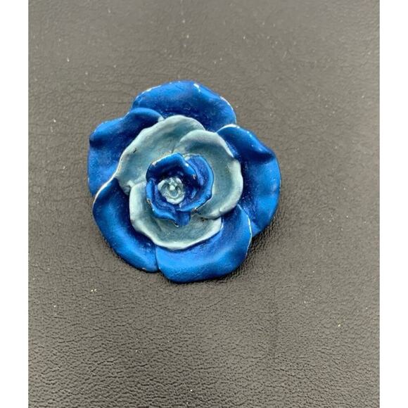 Silver Tone And Blue Enamel Rose Flower Brooch - Picture 1 of 4